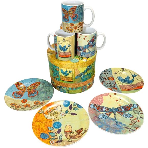 Tii Spring Luncheon Birds Butterfly Set of 4 Mugs Dessert Plates Brunch Boxed - Picture 1 of 14